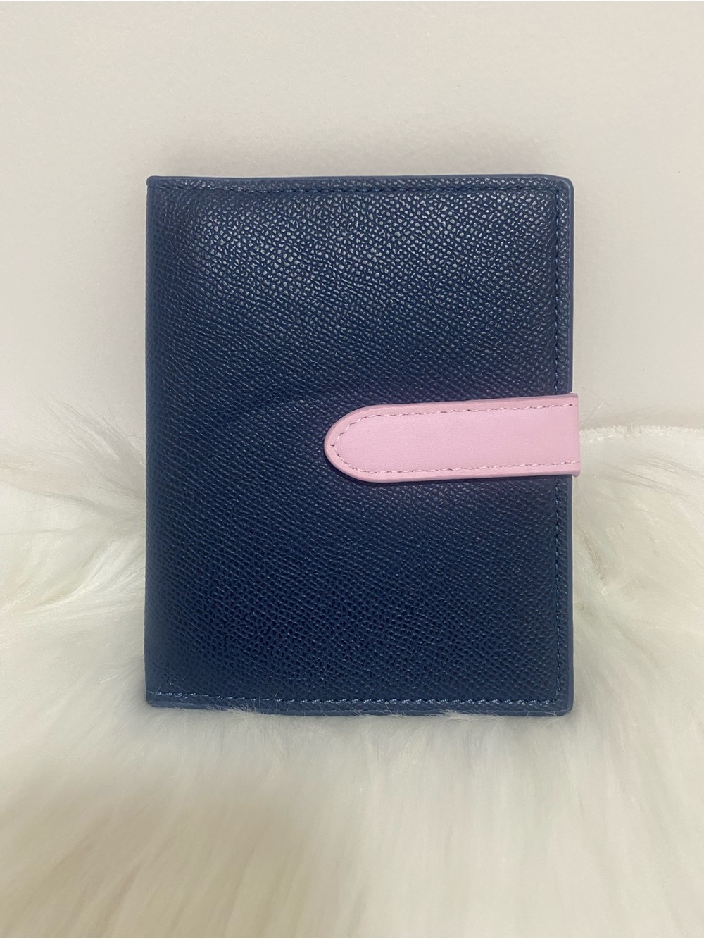 Navy Leather Passport Holder Organizer Card Case Wallet with Pink Strap